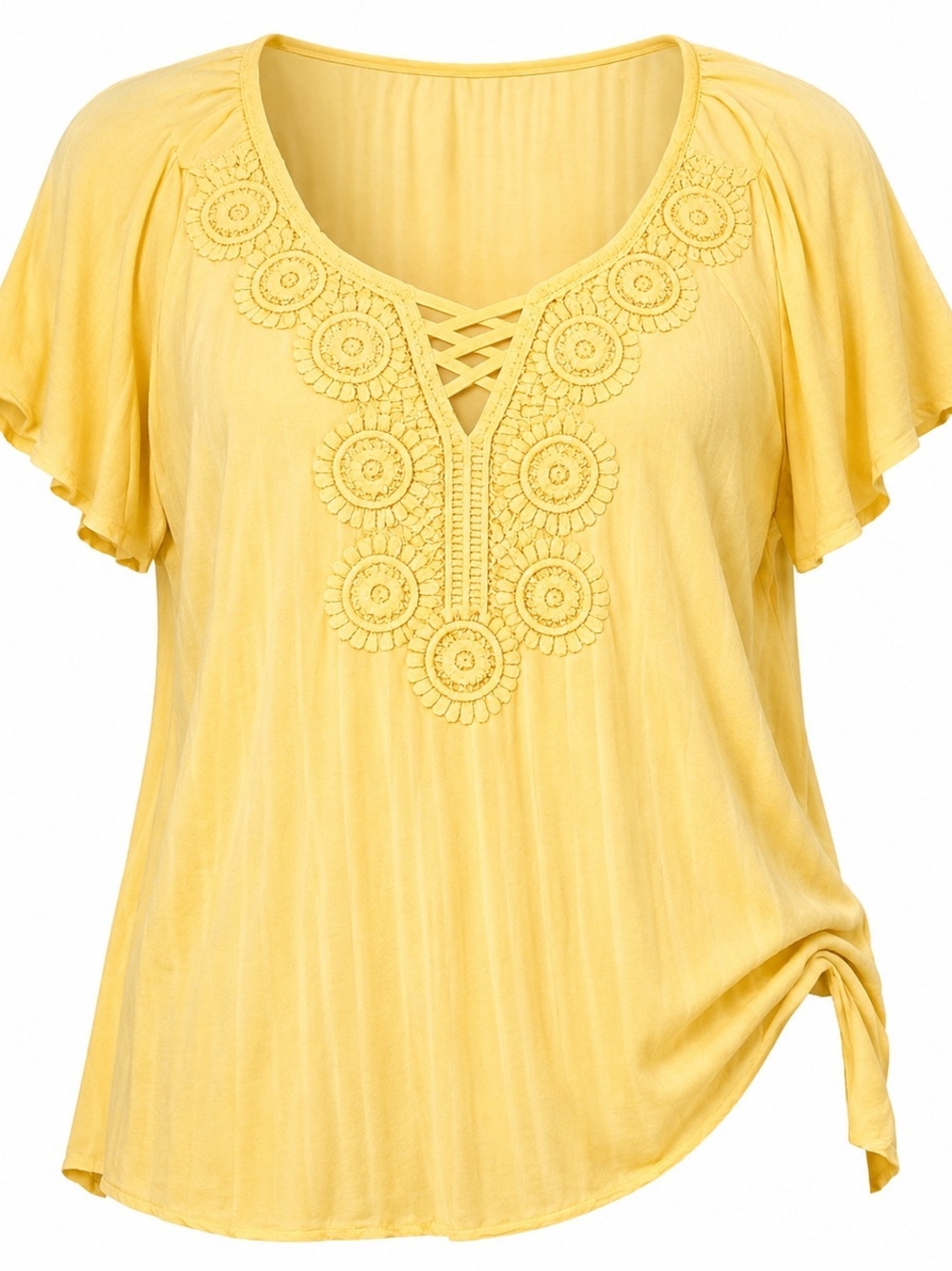 New York Laundry Women’s XL Yellow Boho Casusl Crochet Flowy Lace Blouse Top